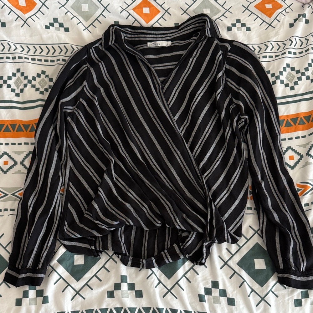 Hollister Black and Gray Striped Blouse